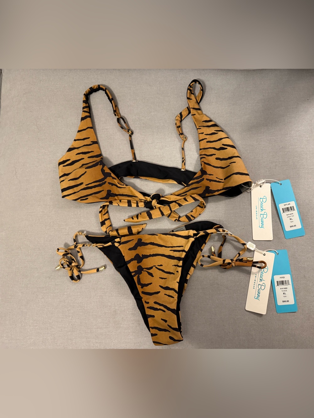 Beach Bunny Tiger Print Tan and Black Wrap Top and Tie Bikini